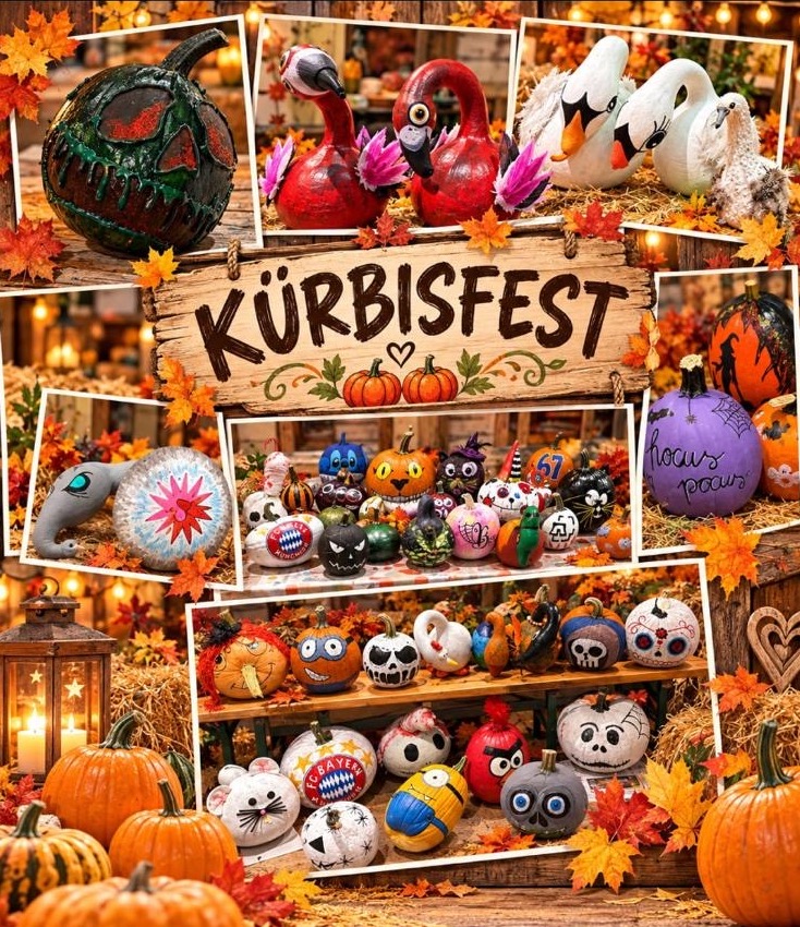 viele bunt gestaltete Kürbisse